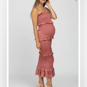 Pinkblush Mauve Satin Smocked Fitted Maternity Midi Dress